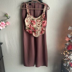 Woman size L wide leg slack pant and size L double lined floral mesh corset top.